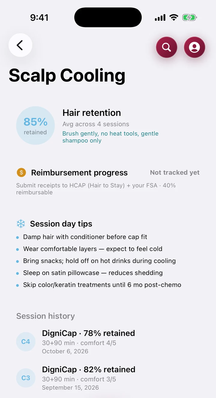 The Scalp Cooling screen: average hair retention across sessions, tips for session day and a session history
