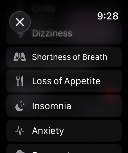 The same list on the watch, scrolled down to Shortness of Breath, Loss of Appetite, Insomnia and Anxiety