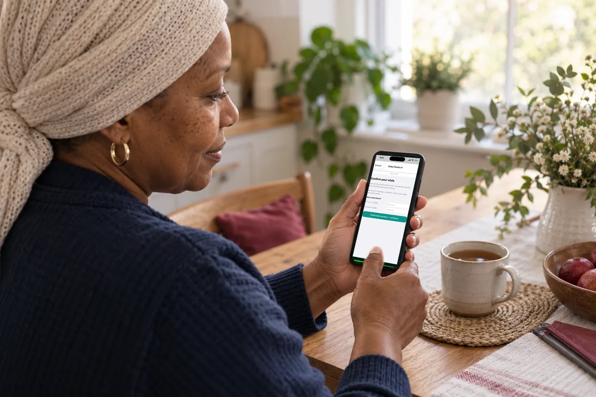 A woman in a knit headscarf sits at her kitchen table with tea and fills in the MyBC Health daily check-in on her phone.