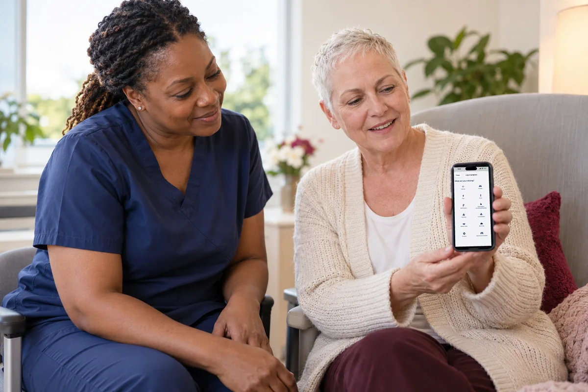A patient shows an oncology nurse the symptom log in MyBC Health on her phone; both are smiling.