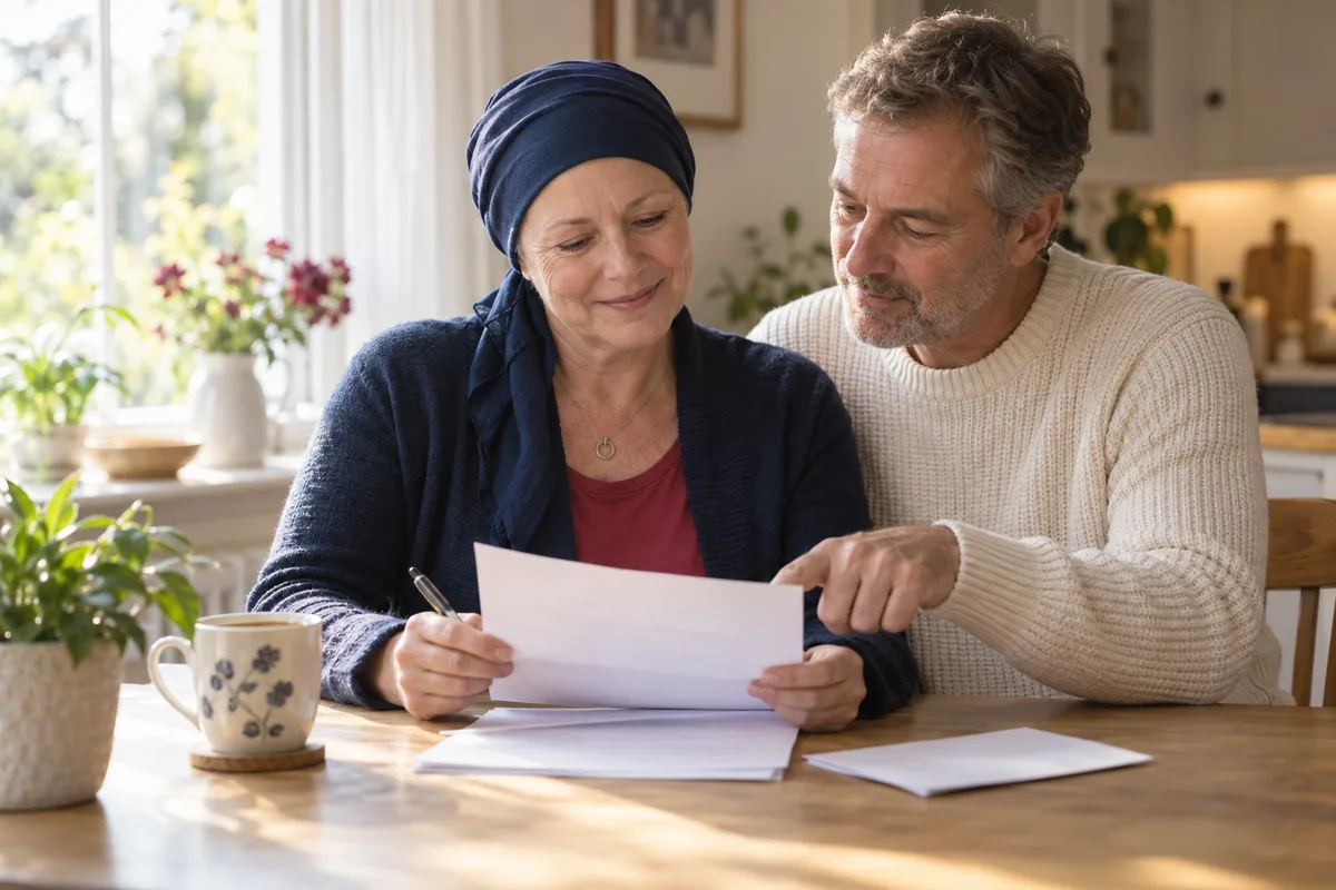 A woman in a navy headscarf at a kitchen table, holding a letter and a pen, while a man beside her points to the page