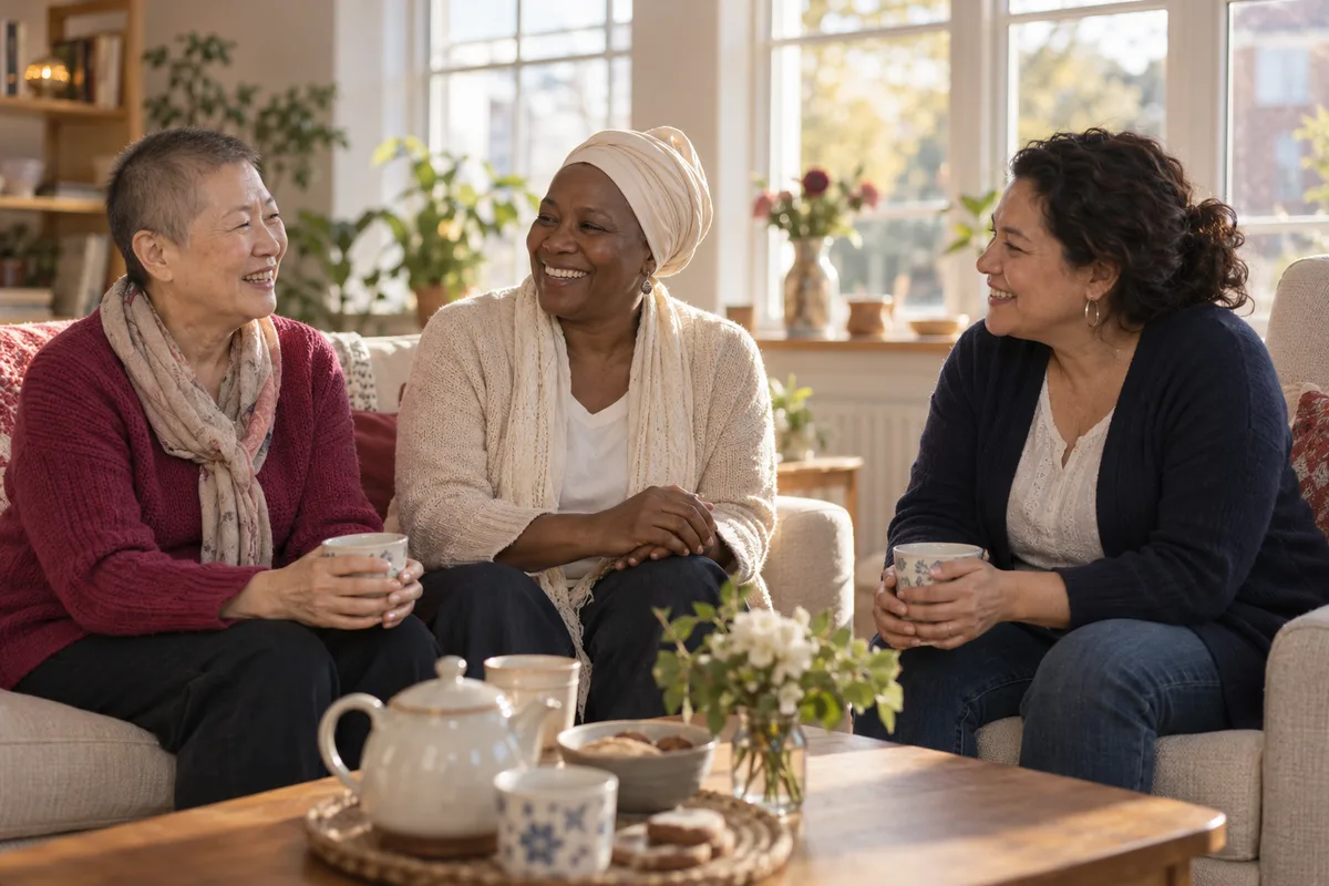Three women on a sofa and an armchair, smiling, with cups of tea around a low table